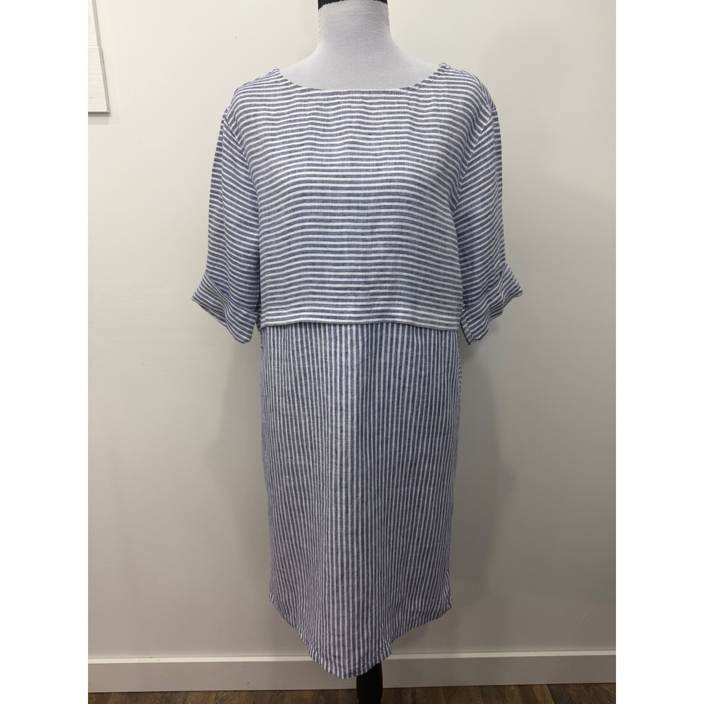 Isaac Mizrahi New York Blue White Striped 100% Linen Popover Shift Dress Small